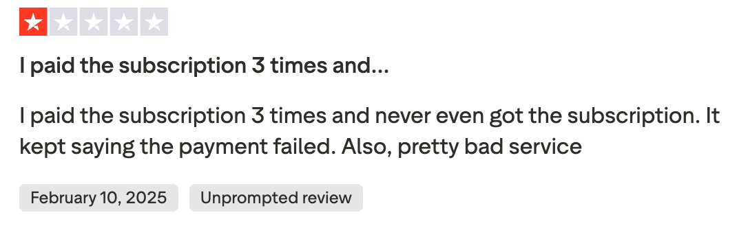 One-star review about multiple payments and failed subscription access