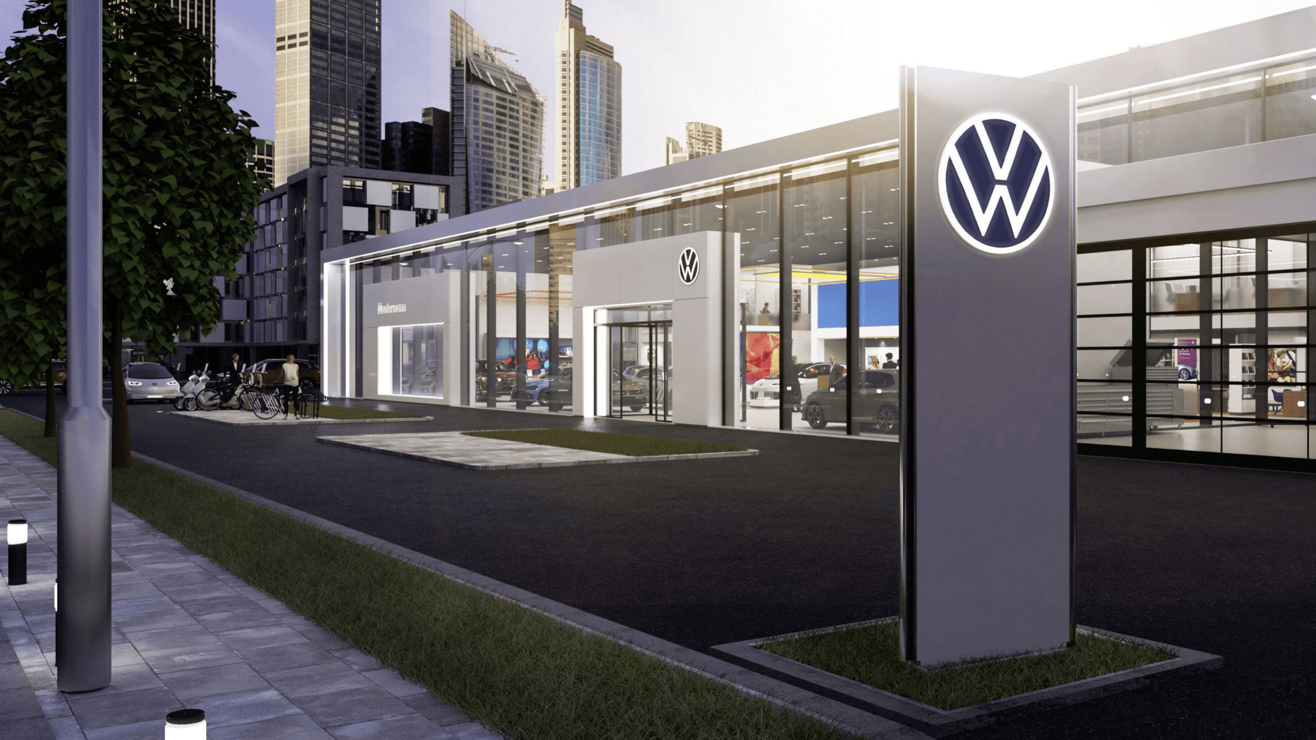 Volkswagen car showroom interior store concept brand touchpoint asset sign pilon signage wayfinding