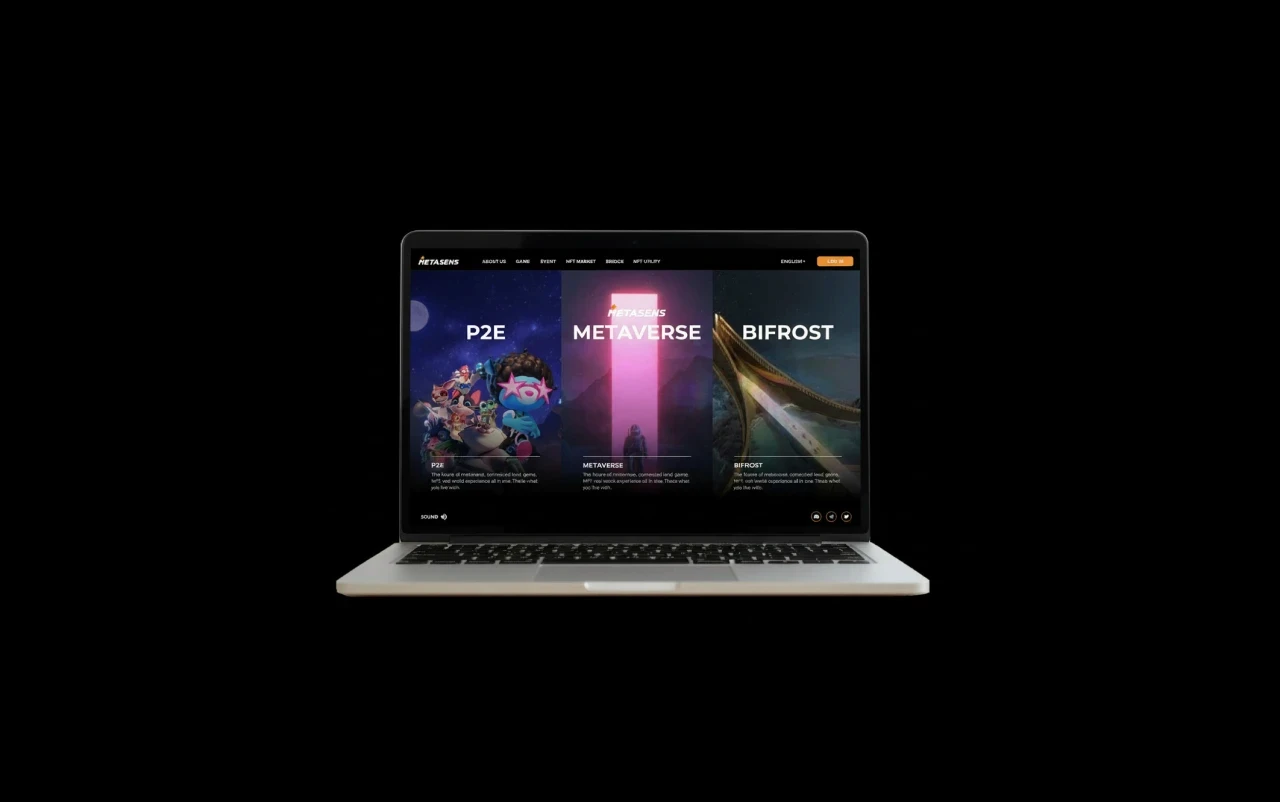 Metasens website homepage showcasing three features: P2E gaming, Metaverse, and Bifrost with NFT and real-world experience
