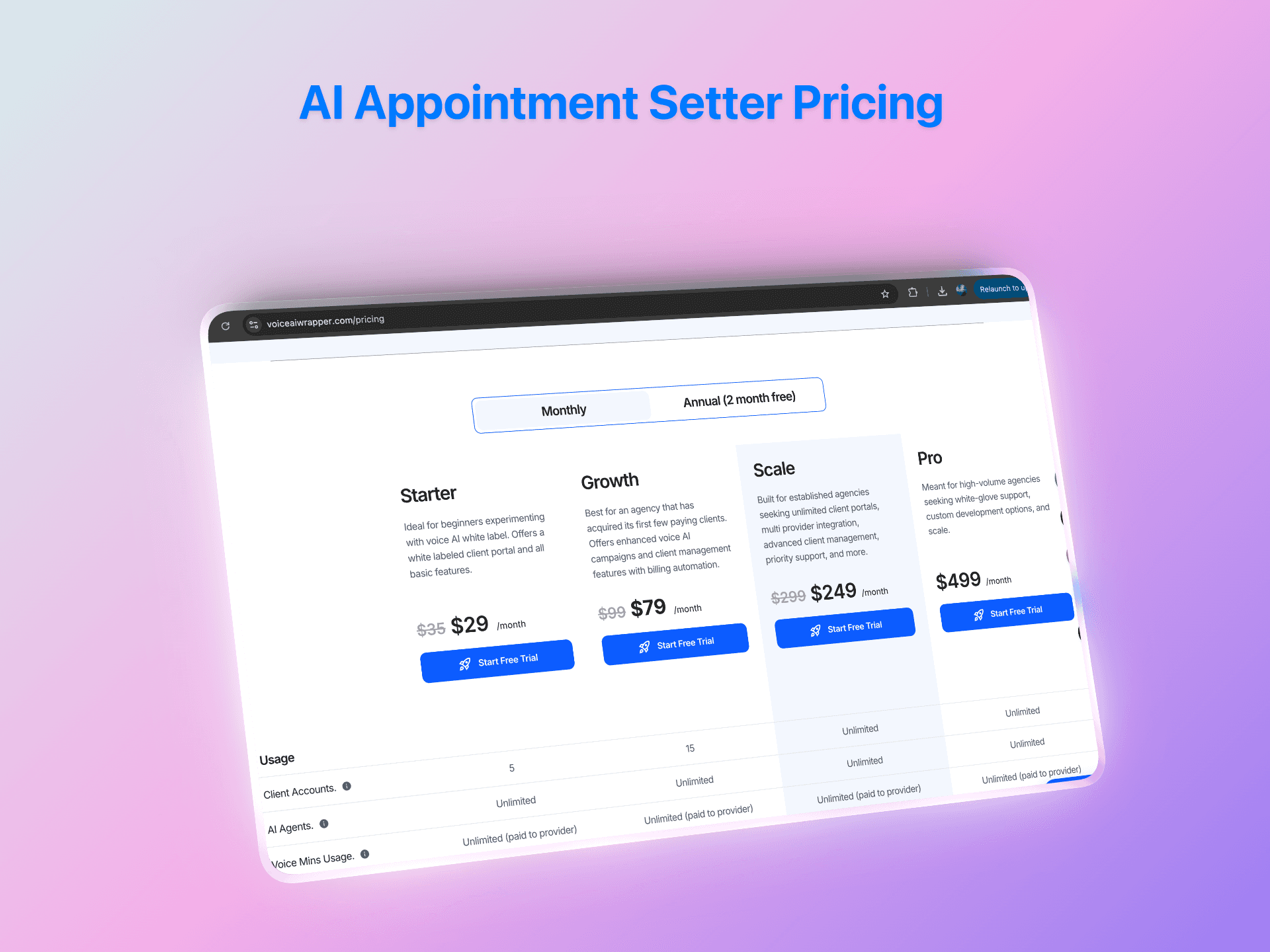 AI appointment setter pricing plans showing monthly and annual subscription options with free trial offers | VoiceAIWrapper