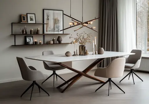 Ein modernes Esszimmer mit einem Marmortisch, beigen Drehstühlen, minimalistischer Einrichtung, Wandkunst, Regalen mit Kerzen und Vasen und einem großen Fenster mit transparenten Vorhängen, die natürliches Licht hereinlassen, wird in dieser 3D-Darstellung wunderschön eingefangen.