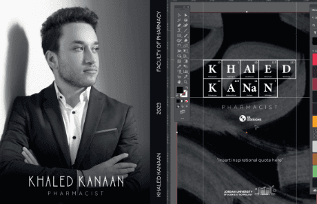Graduation book for a man wearing black suit and illustrator screeen shot for periodic table making khaled name and kkdesign logo made by kkdesign.io, kkdesign