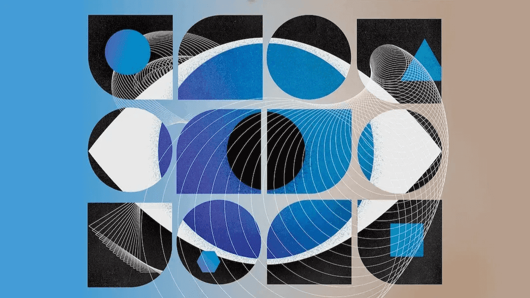 An abstract composition featuring geometric shapes, lines, and patterns in blue, black, and white tones.