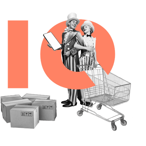 Collage aus schwarz weiß bildern mit zwei Personen die ein Smartphone sowie einen Einkaufswagen in der Hand haben daneben Kartons und ein eingefärbtes Signet das teilweise die Personen umschließt