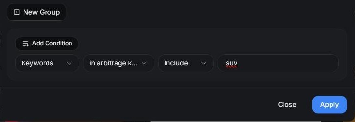 The advanced search condition in AdPlexity Social: Keywords, in arbitrage keywords, include suv