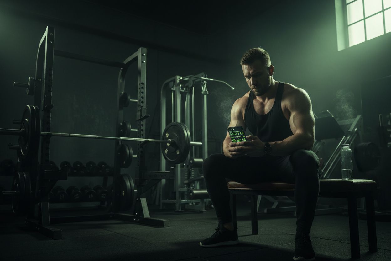 Lifter reviewing workout progress on a phone