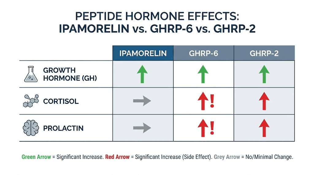 Ipamorelin hormone selectivity comparison chart versus GHRP-6 and GHRP-2