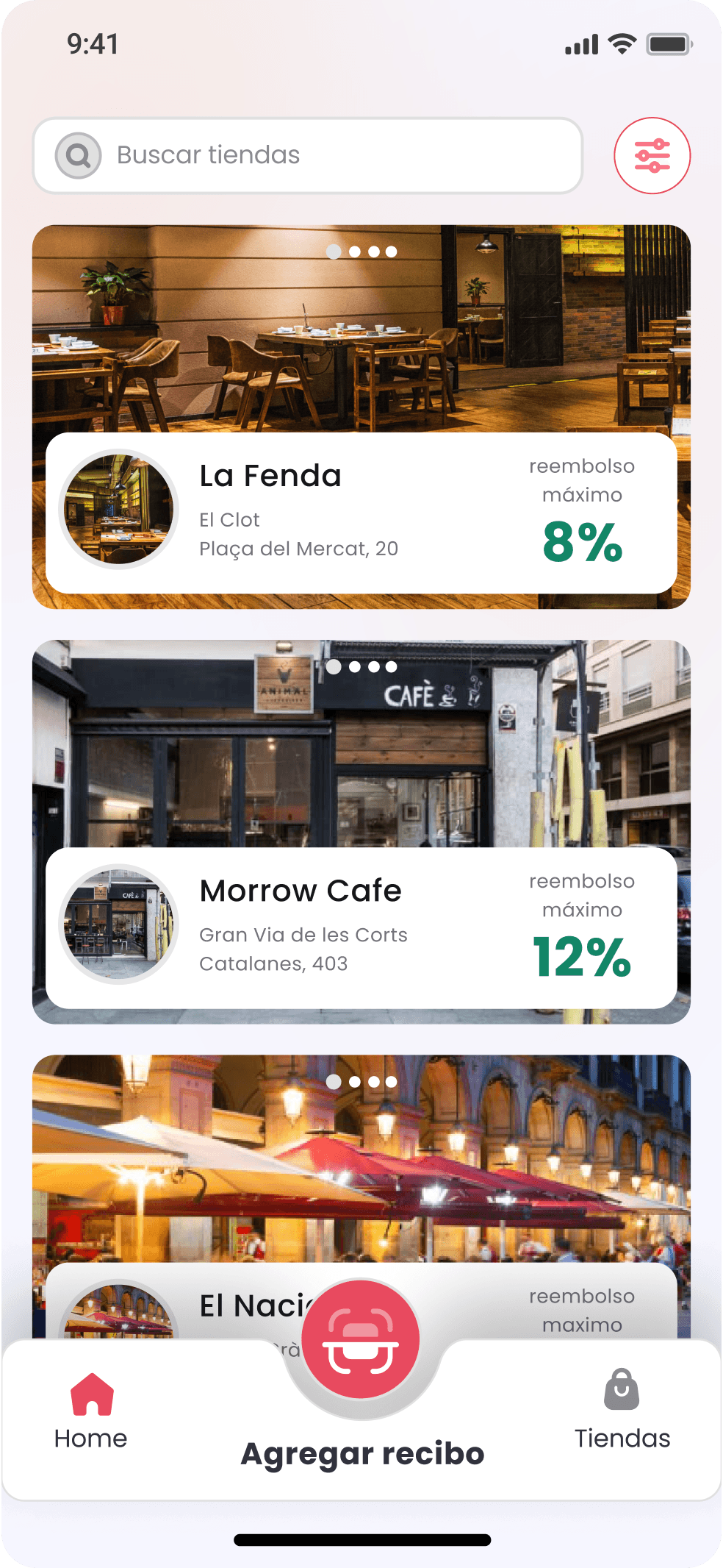 Una interfaz de aplicación móvil que muestra diferentes cafés y sus ofertas de devolución de dinero. Muestra "La Fenda" con un 8% de devolución y "Morrow Cafe" con un 12% de devolución, junto con fotos de las respectivas ubicaciones.