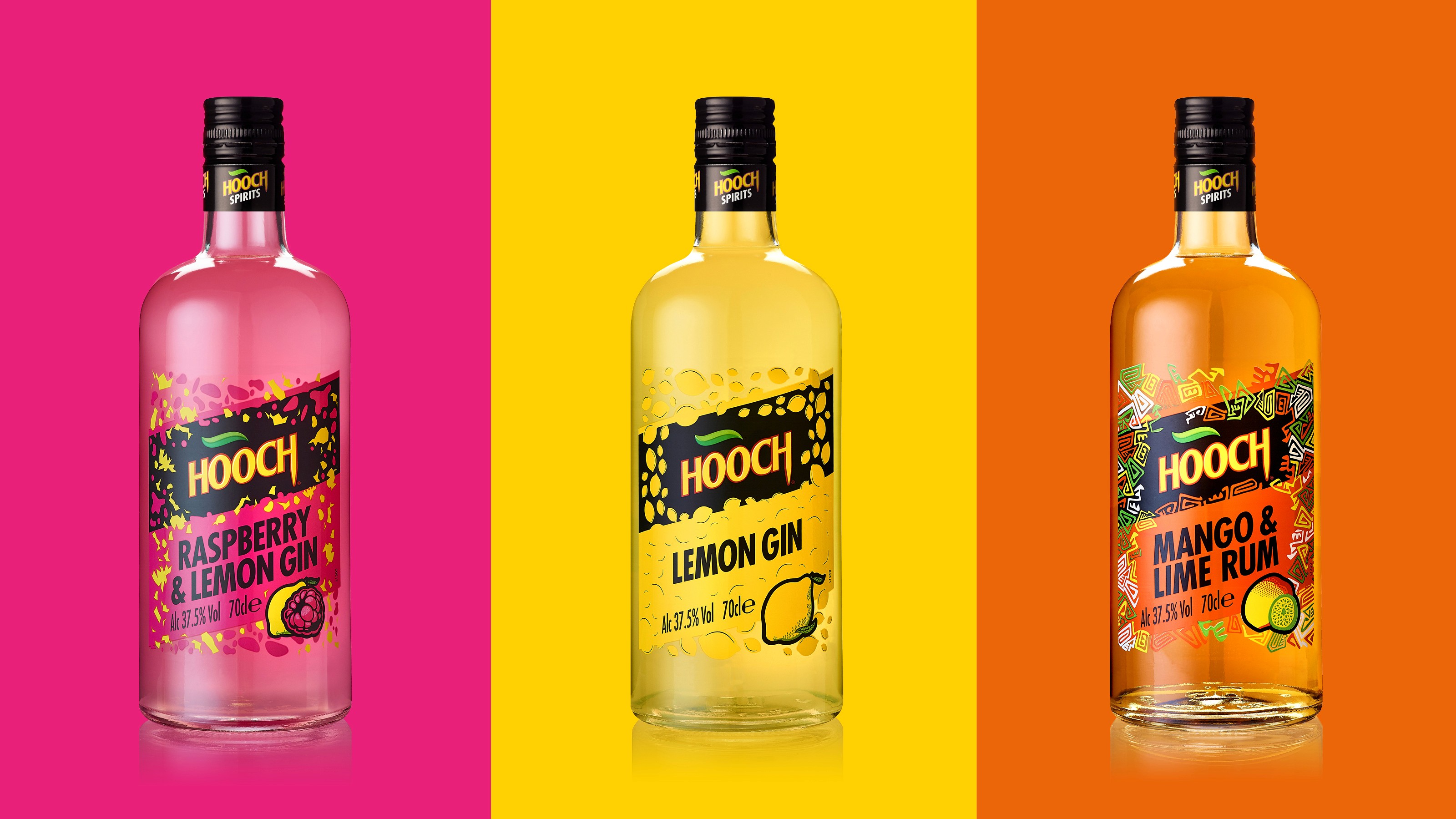 Range of Hooch Spirits flavoured vodka cans arranged in studio setting with vibrant colour backgrounds.