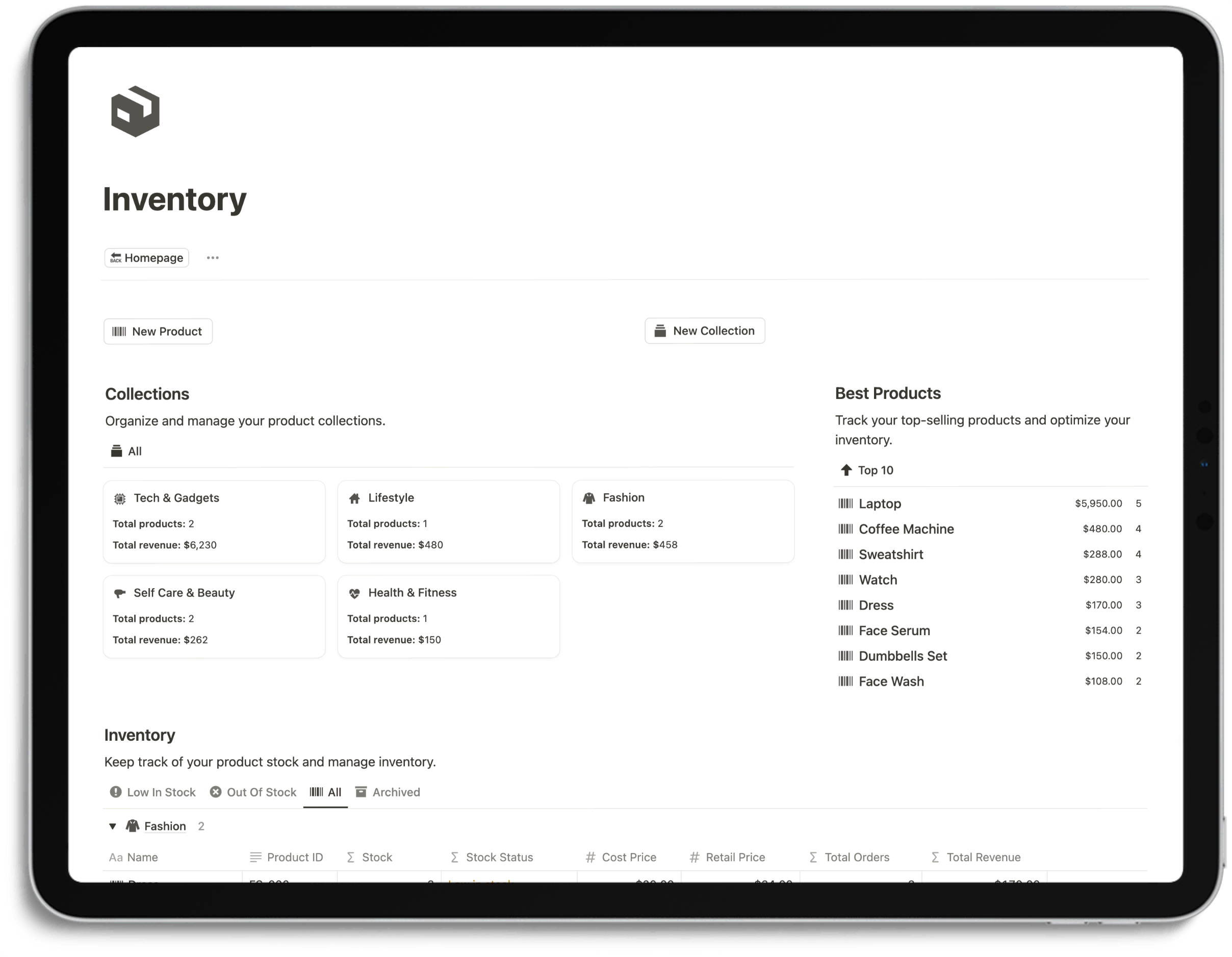 Notion E-Commerce Hub - Inventory
