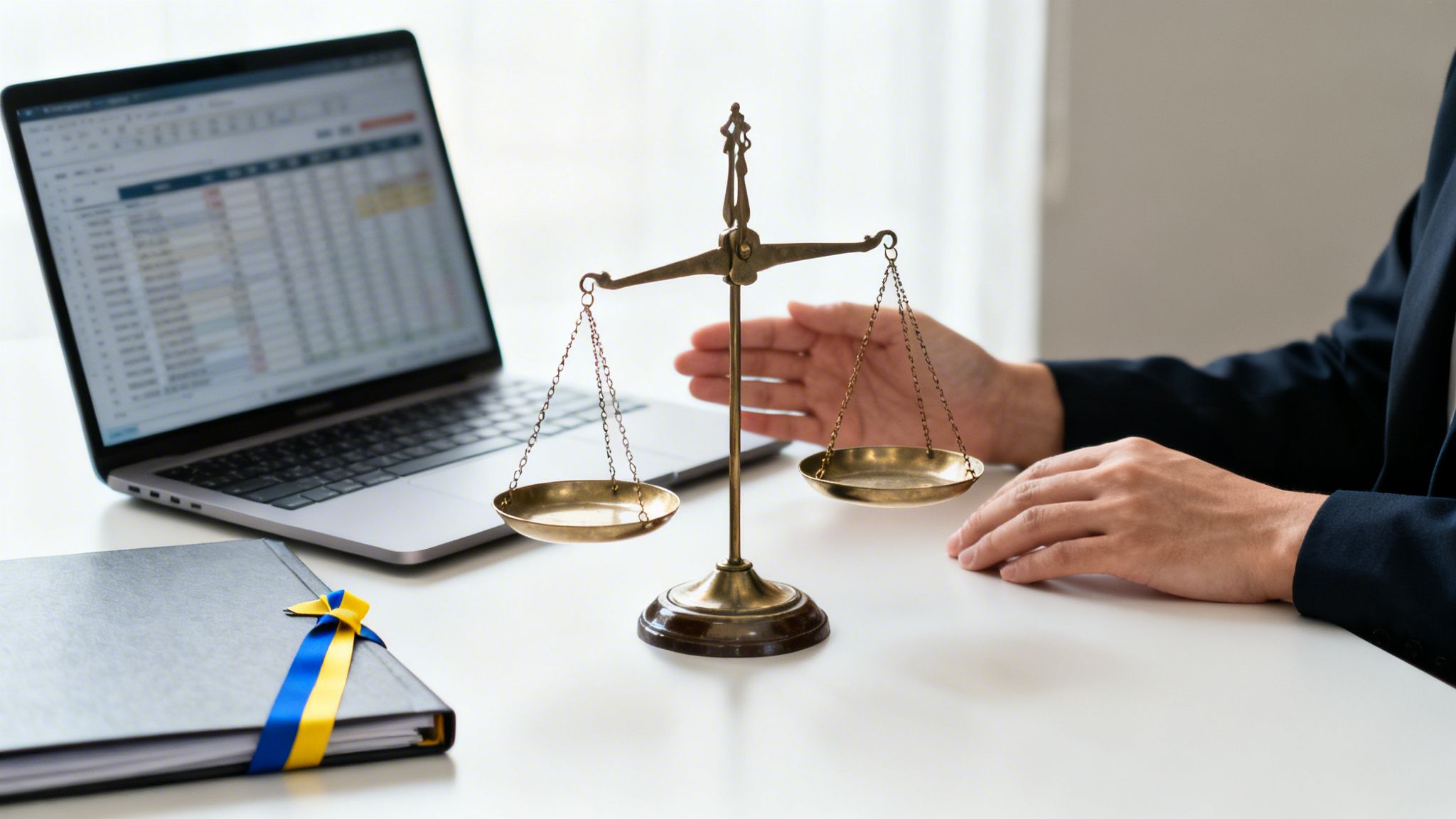 En person vid ett skrivbord med en laptop, rättviseskala och en anteckningsbok med ett blågult band.