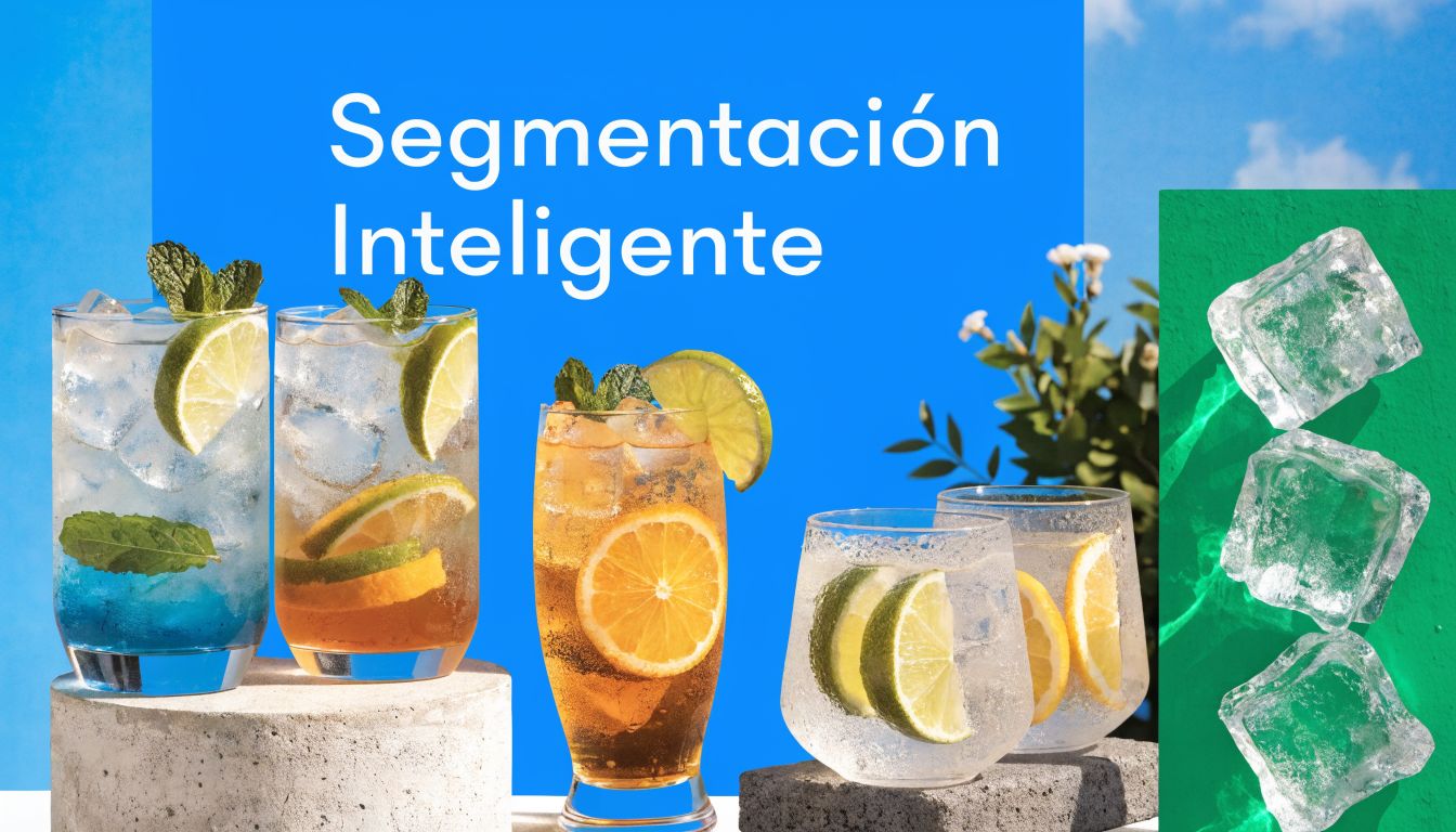 Cuatro vasos con cócteles refrescantes, rodajas de lima, naranja y cubos de hielo sobre fondo azul brillante.