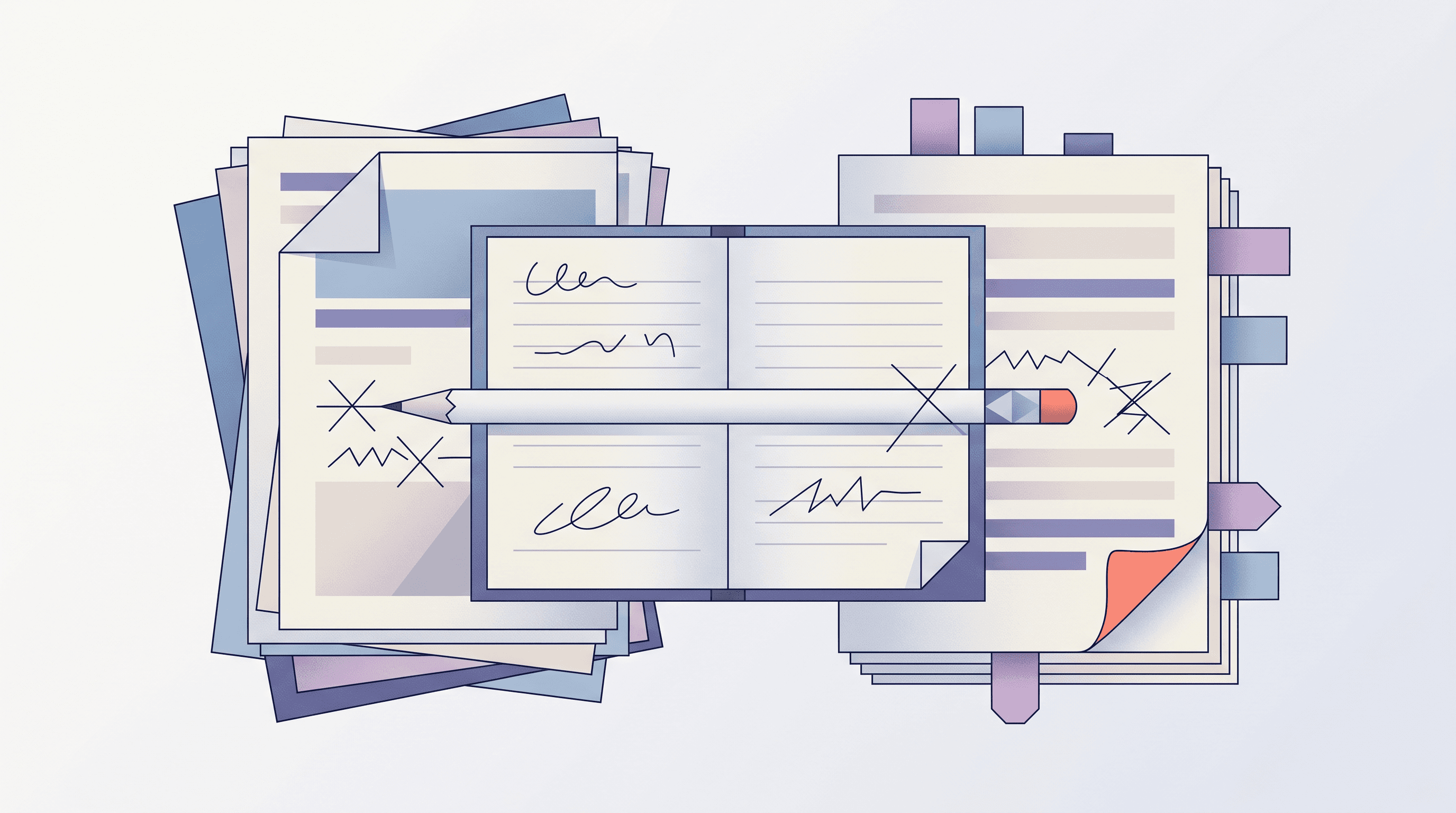 Desk with conflicting marked-up journal articles