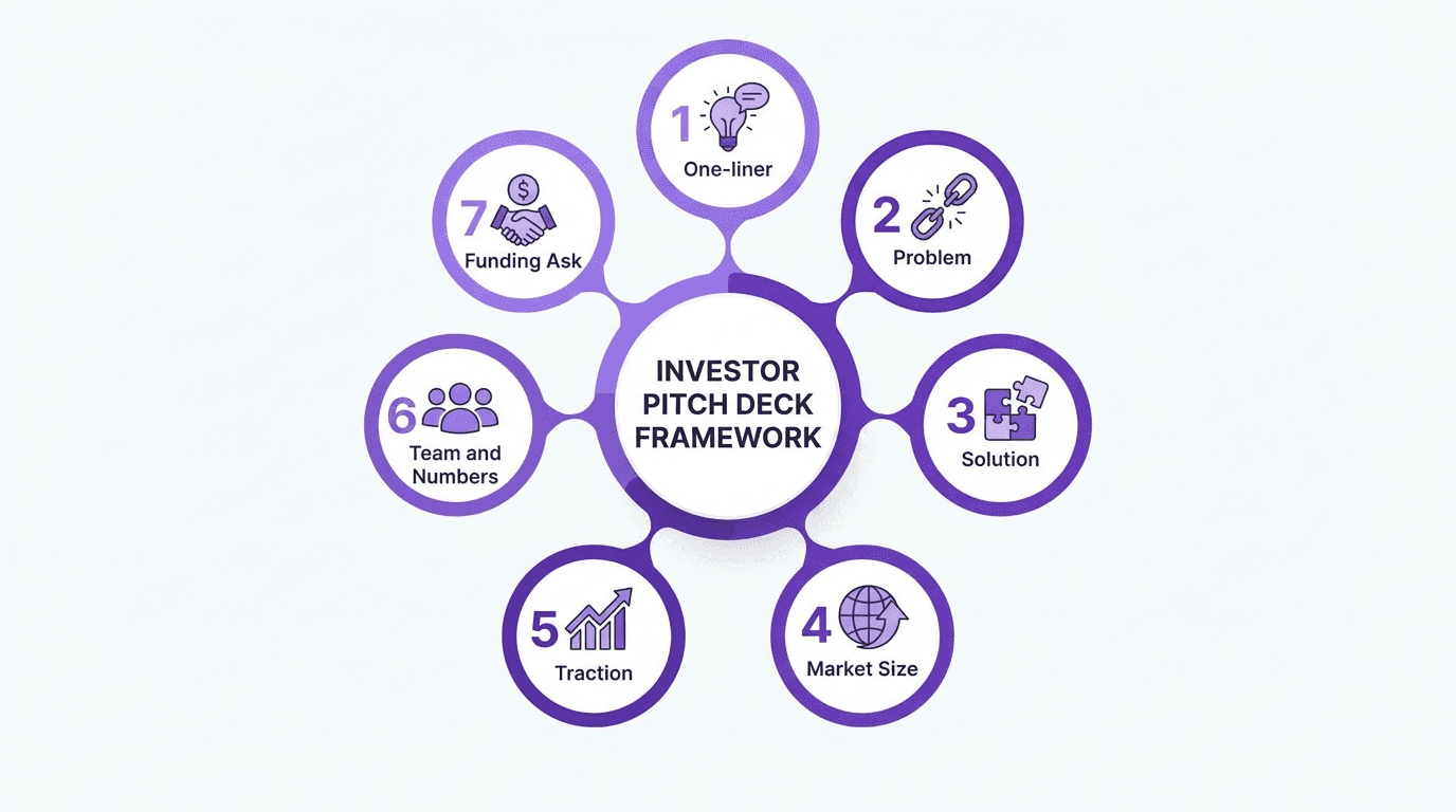 Diagram of the 7-step framework for building an investor-ready pitch deck