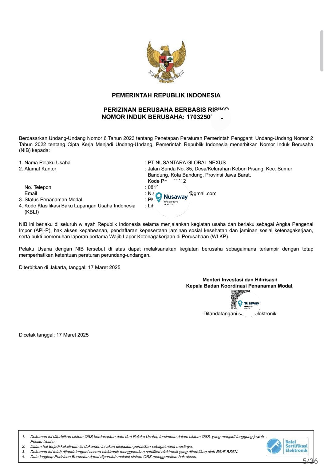 NIB Business Registration certificate