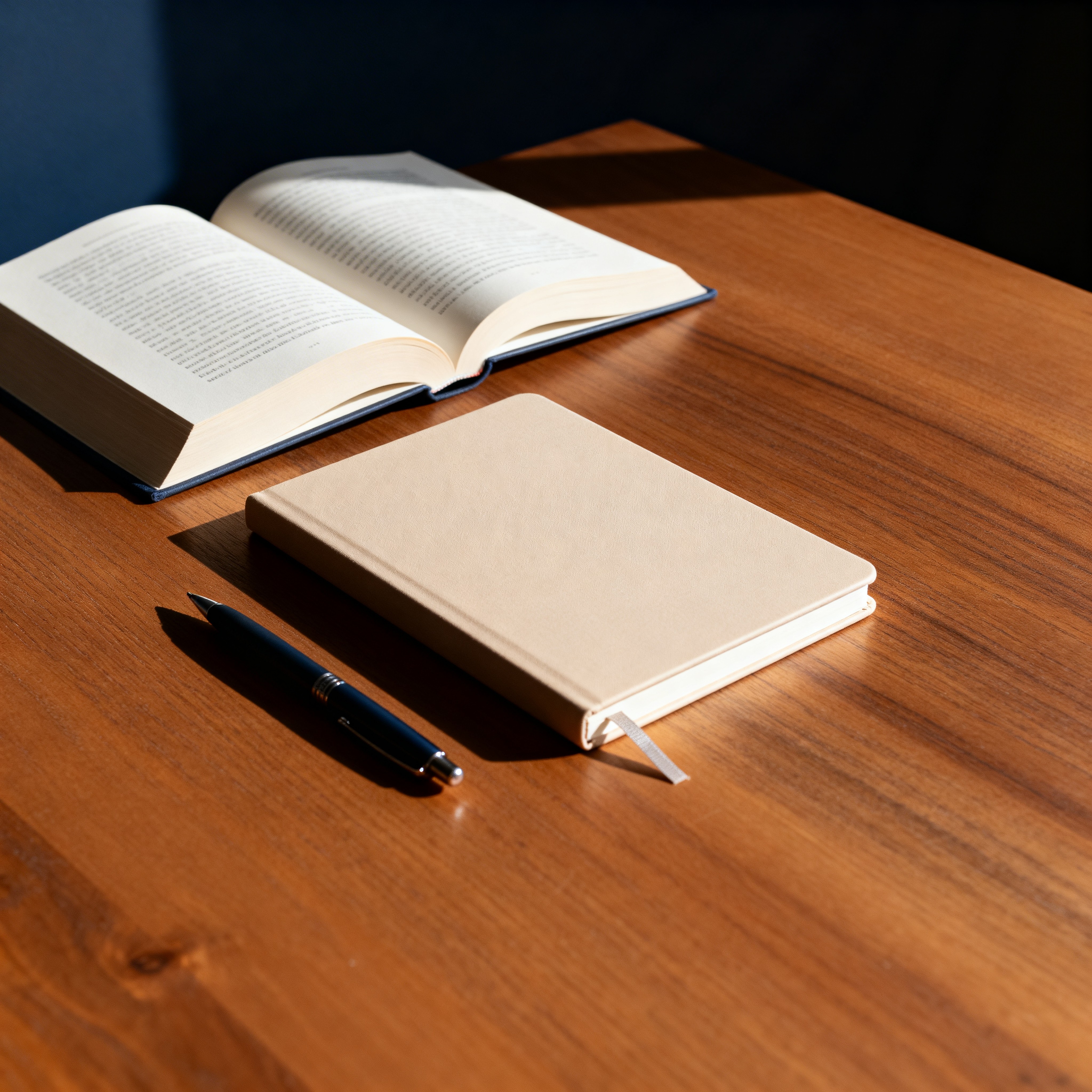 Livro aberto ao lado de caderno e caneta sobre mesa de madeira, representando o atendimento gratuito oferecido a estudantes, ONGs e pequenos empreendedores.