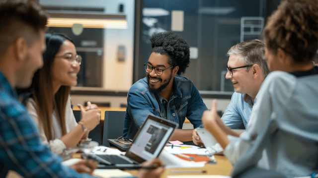 Cheerful multi-ethnic team having a business meeting and laughing together in a modern, dimly lit office space.