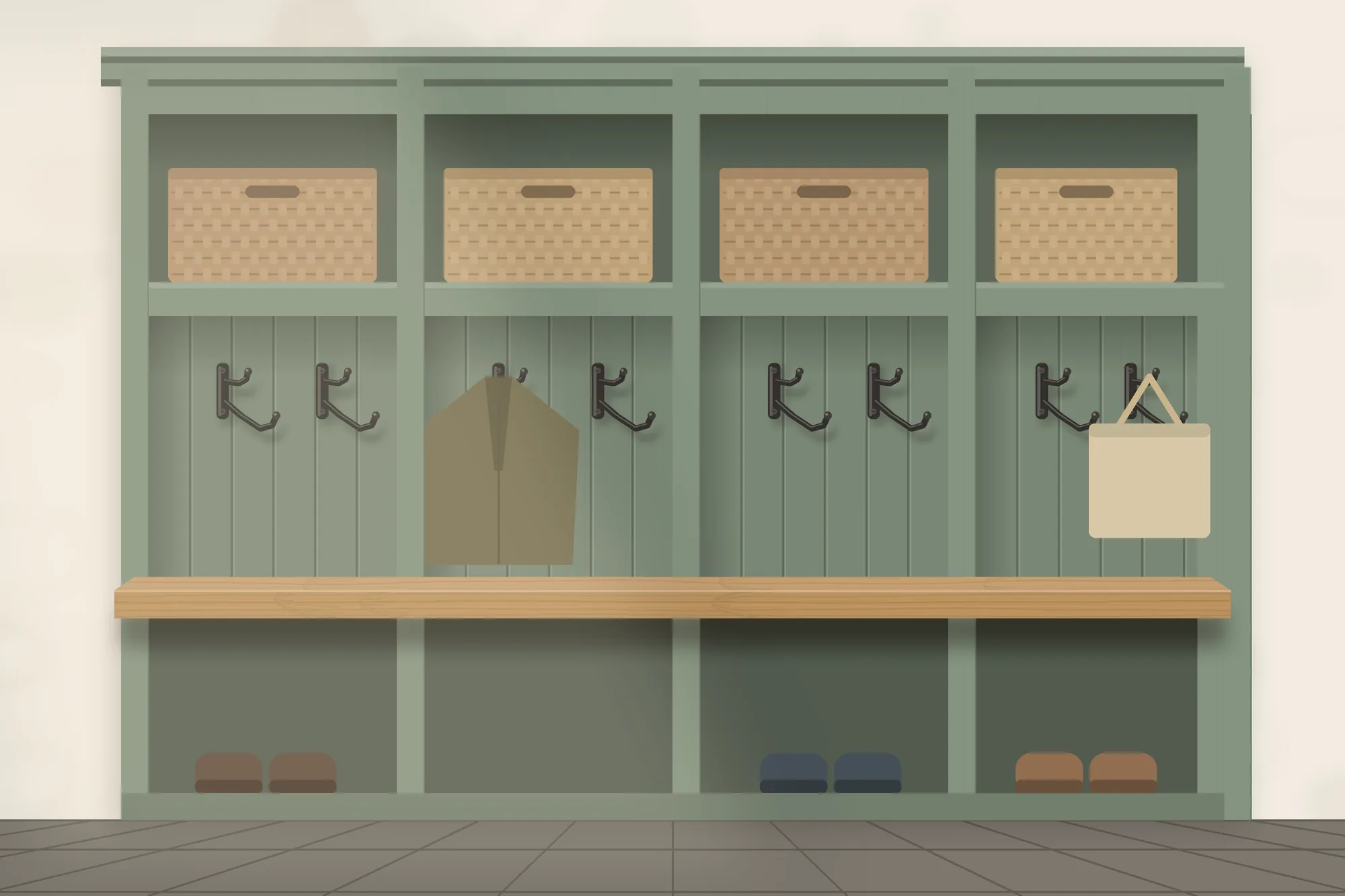 Four painted mudroom lockers with hooks and an oak bench