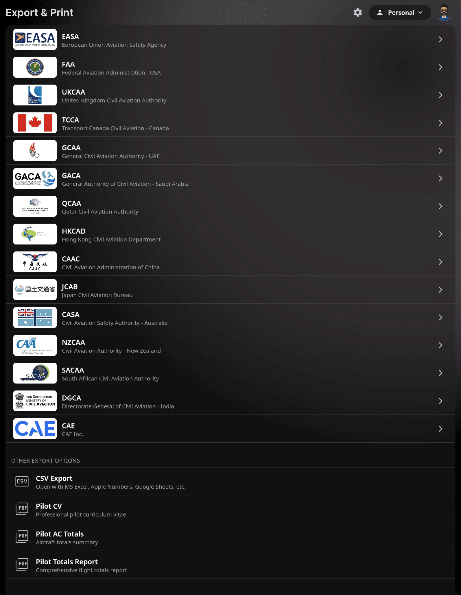flylog-export-options