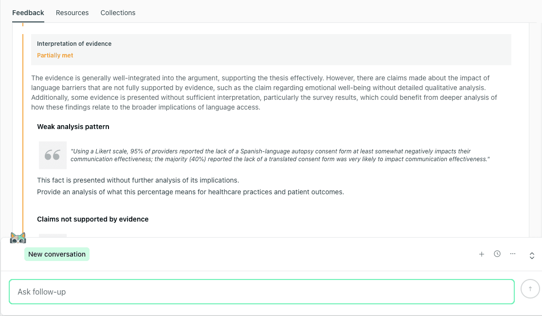 thesify feedback identifying a weak analysis pattern where survey data is presented without interpretation of its implications