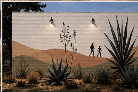 Concept rendering of the renovated Desertscapes Apartments exterior with desert murals and new landscaping