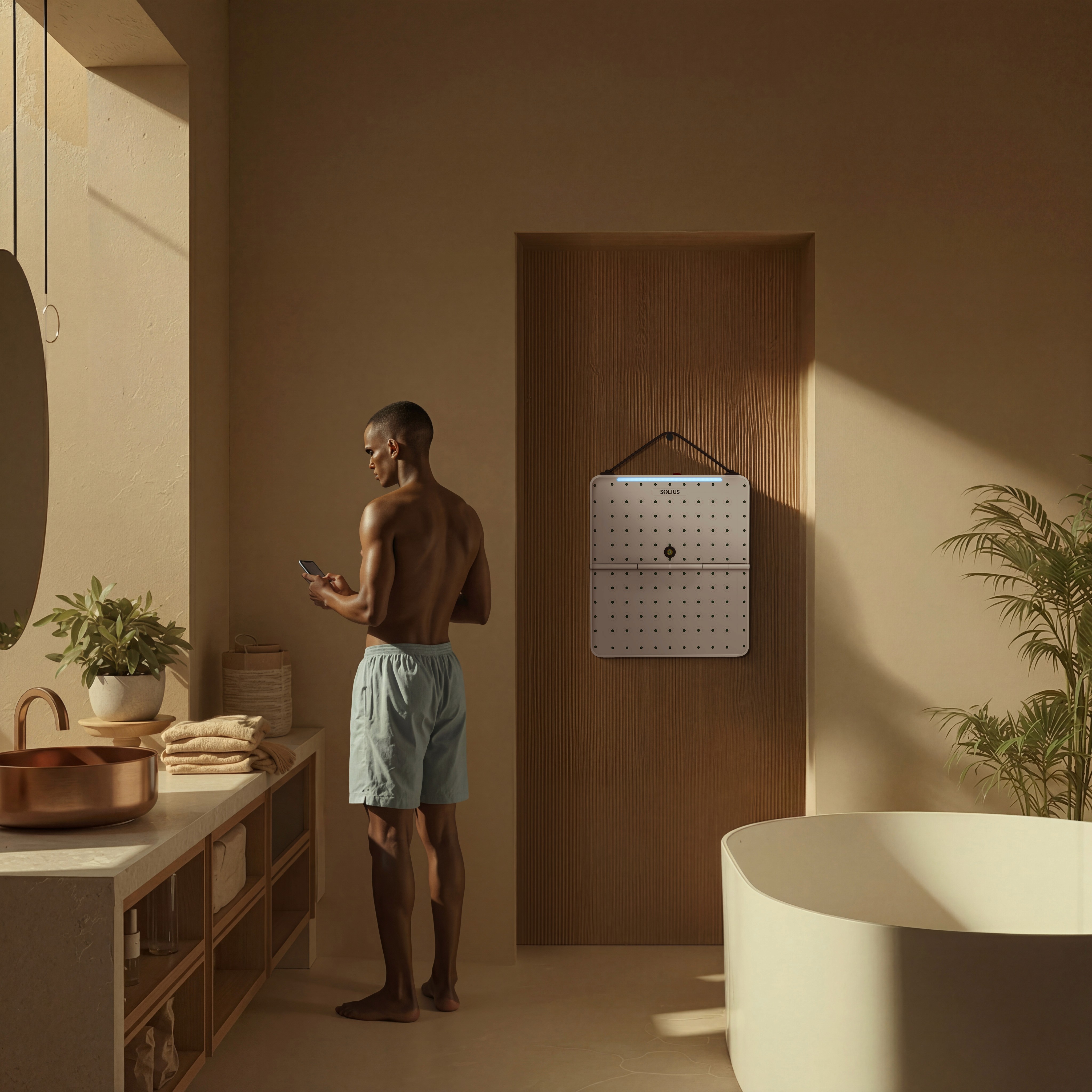 Man standing in a sunlit, minimalist bathroom, looking at his phone, with a freestanding bathtub, wooden vanity, and soft shadows on beige walls.