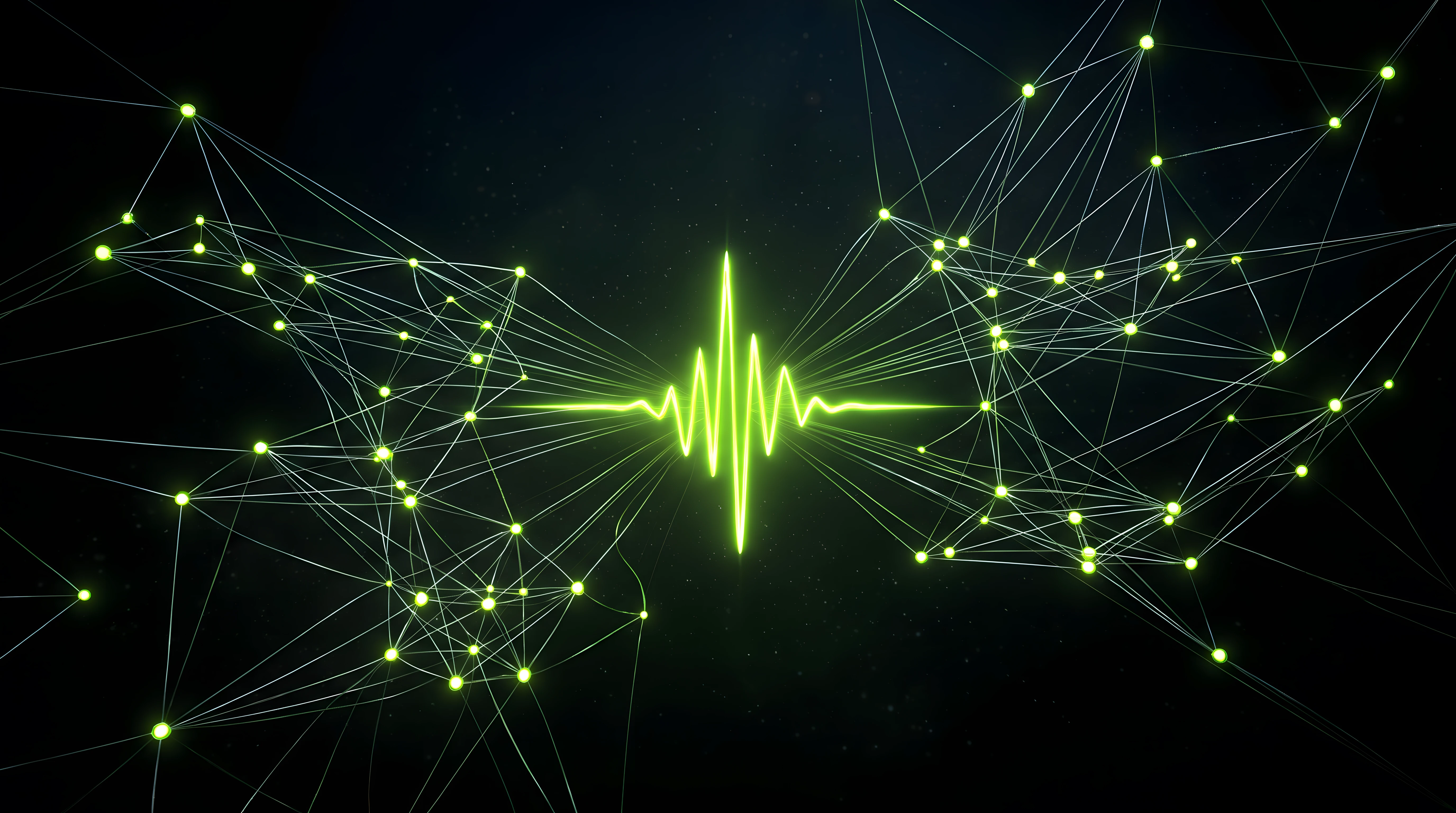 Bioluminescent Noir composition of a single toxic lime waveform radiating outward into a constellation of connected glowing nodes on deep void black, evoking one sound deployed across many touchpoints.