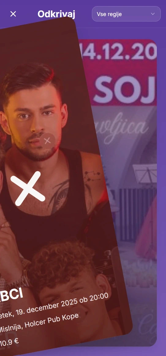 Uporabniški vmesnik GOS, ki prikazuje swipe kartice za izbiro dogodkov