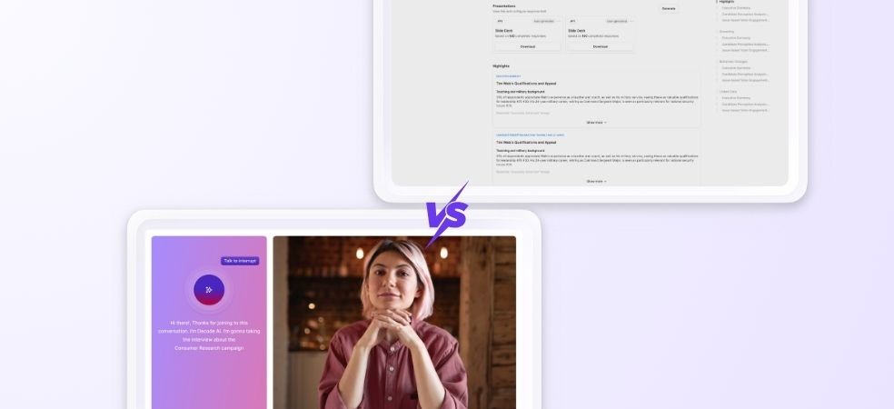 Listen Labs Dashboard image compared with Decode Dashboard for AI interviews