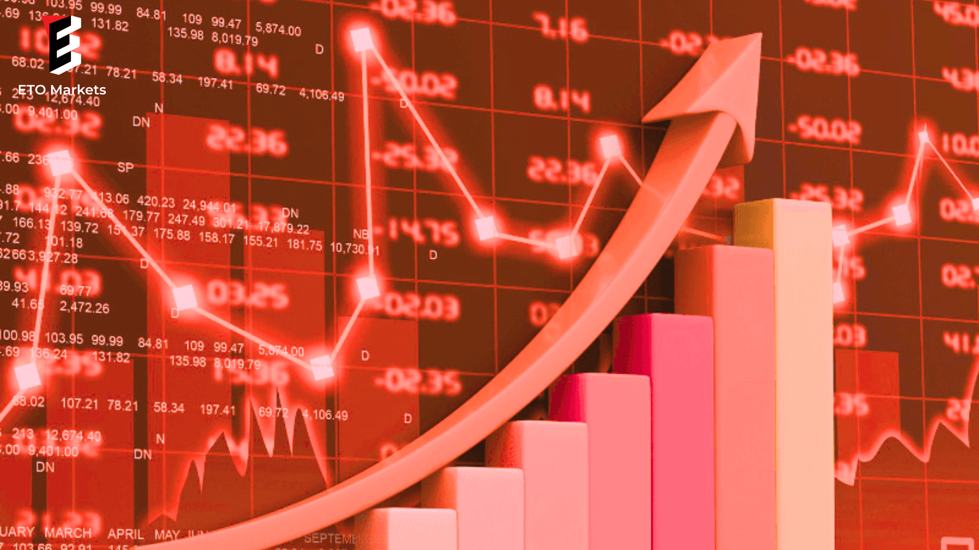 There is an upward arrow representing the U.S. stock market hitting a new all-time high, with stock market data behind it.