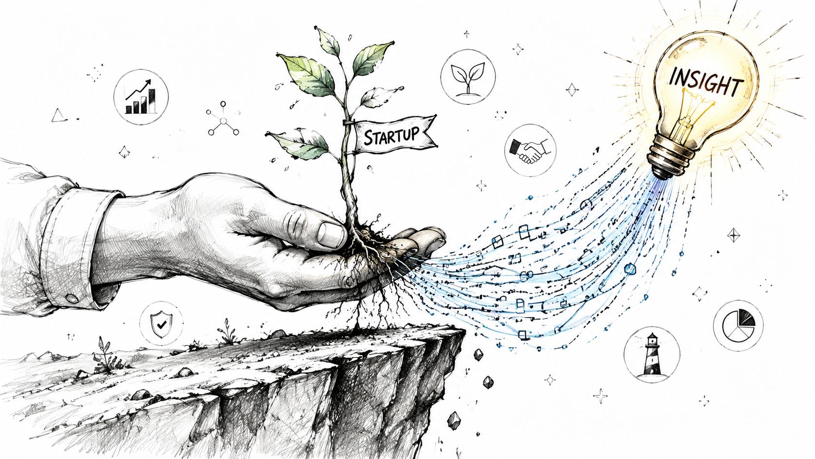 A hand holding a small plant labeled Startup, connecting to an illuminated lightbulb labeled Insight with data streams.