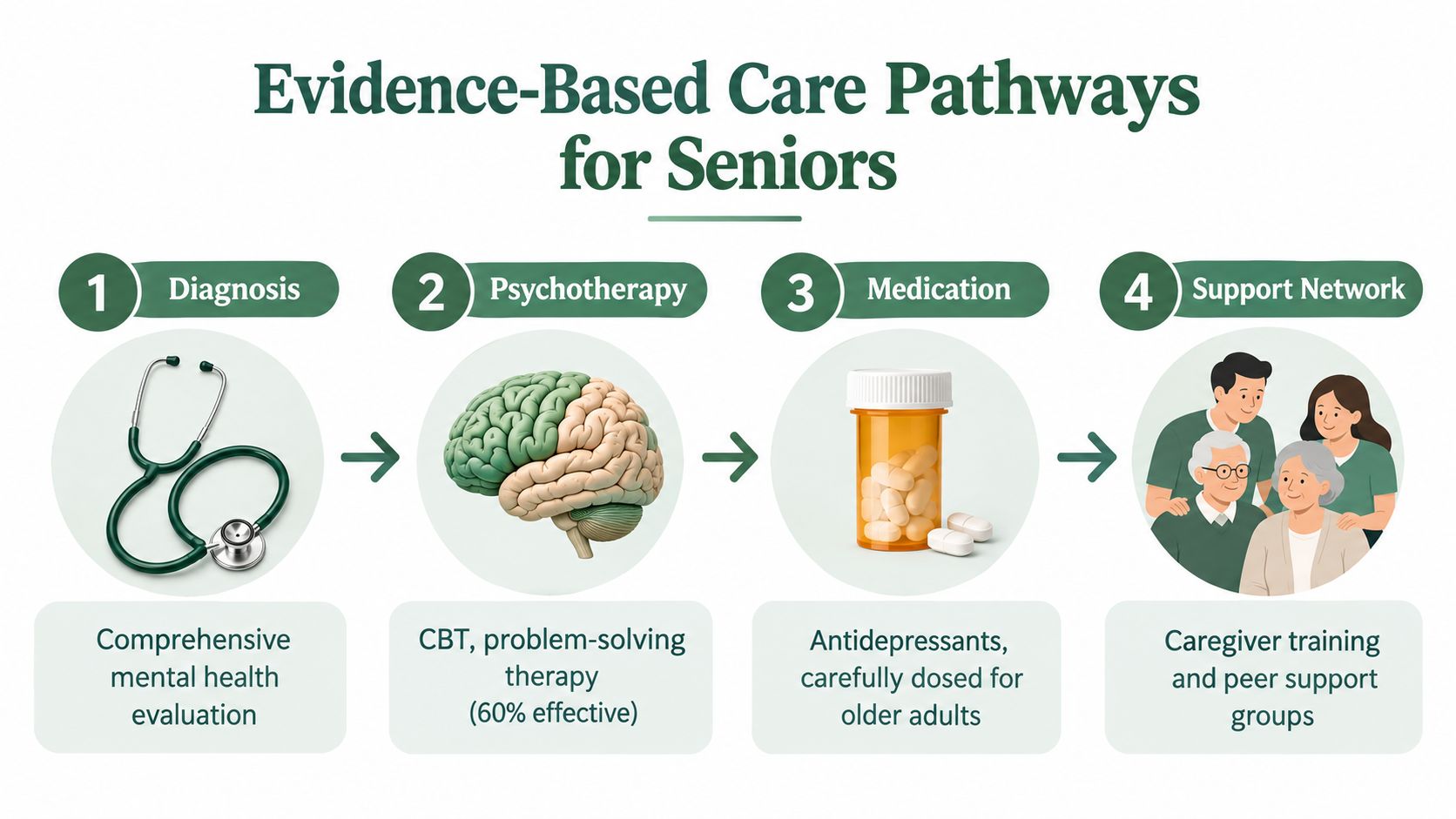 An infographic showing a four-step evidence-based care pathway for senior mental health including diagnosis, psychotherapy, medication, and support.
