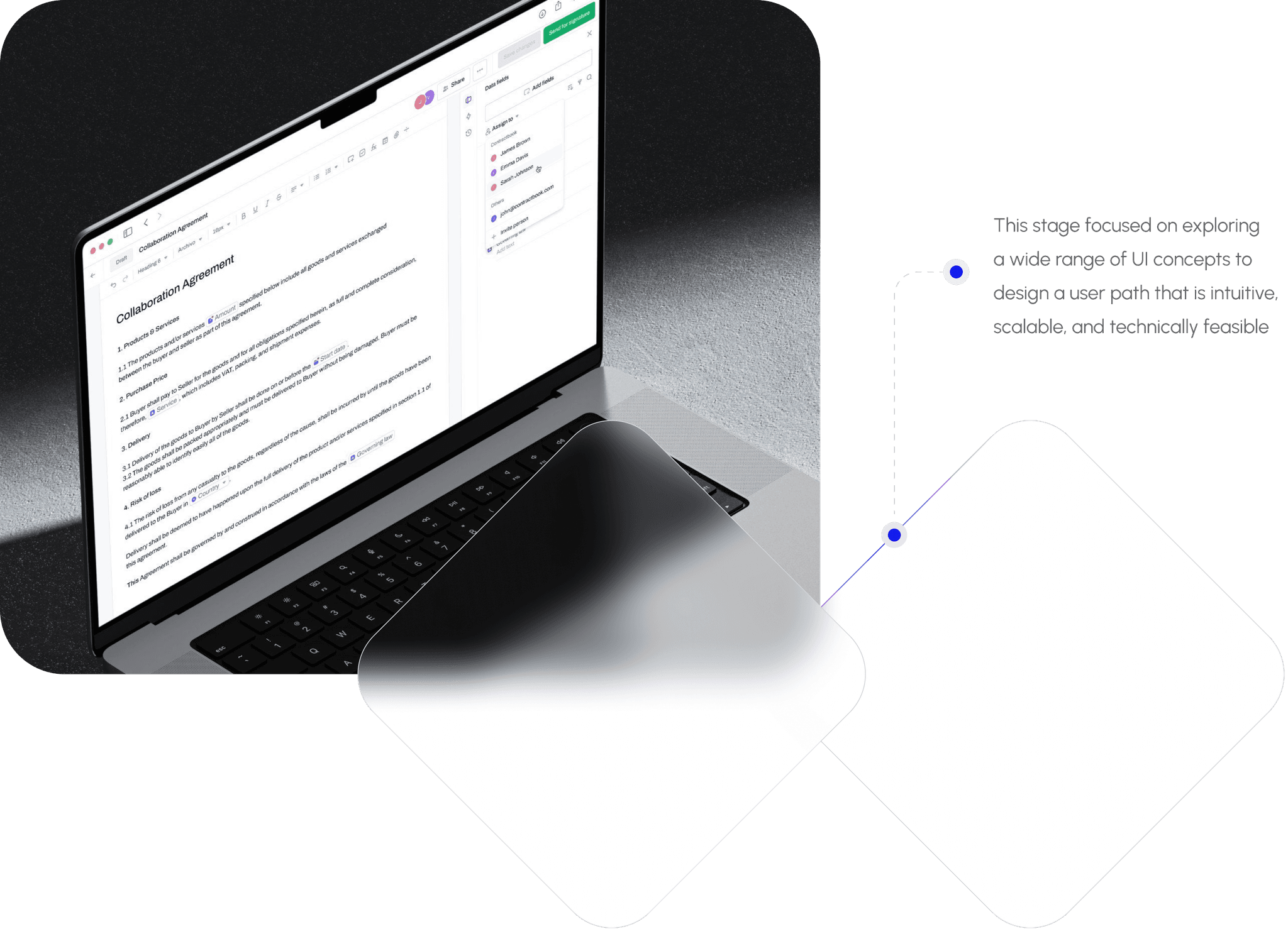 Laptop displaying a collaboration agreement with note on UI design focus.