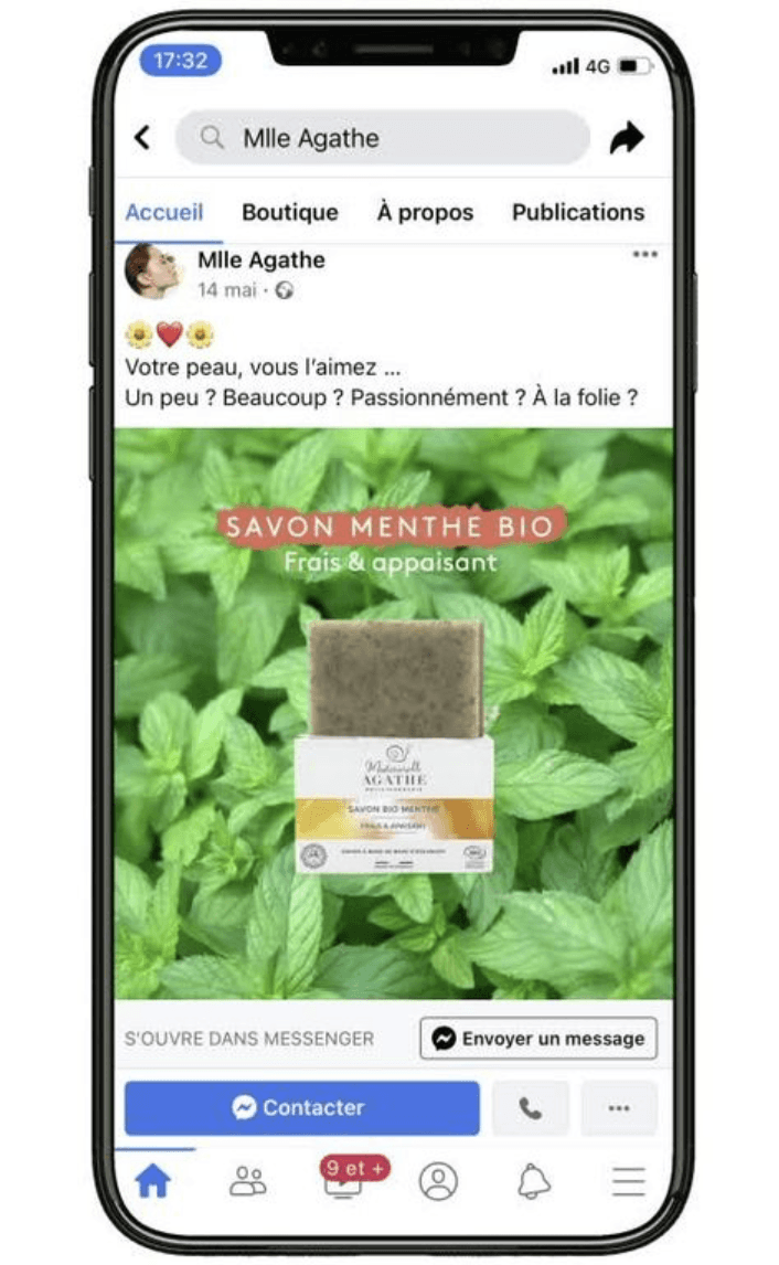 Publication Mademoiselle Agathe présentant un savon à la menthe posé sur des feuilles vertes.