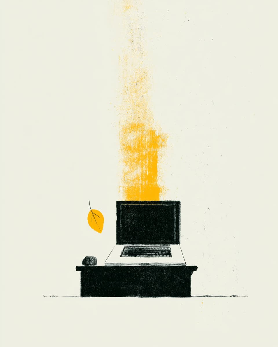 Illustration: Laptop mit gelbem Lichtstrahl, Blatt und Stein. Kunstwerk, minimalistisch.