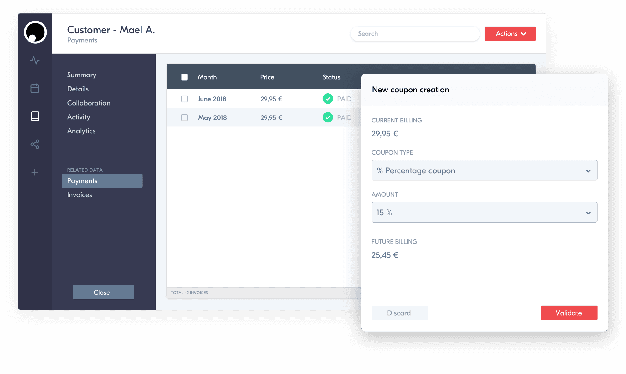 Coupon creation for a Shadow customer in Forest Admin.