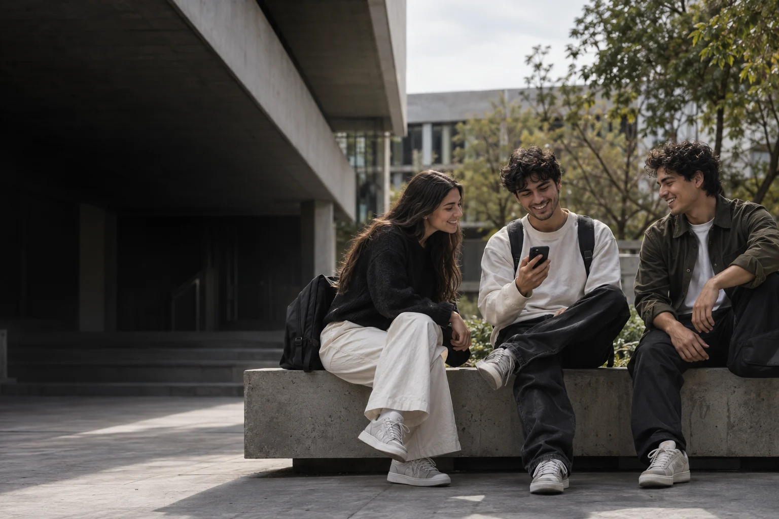 Estudiantes adultos compartiendo una conversación en un campus. Imagen editorial generada con IA.