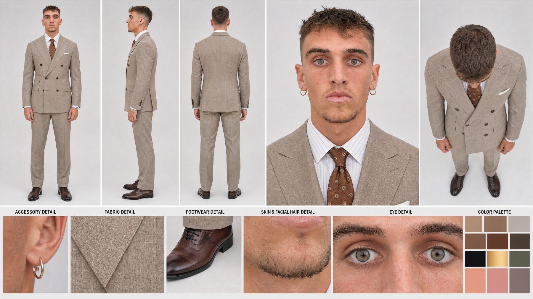 Sand double-breasted suit, striped shirt, brown tie and shoes.