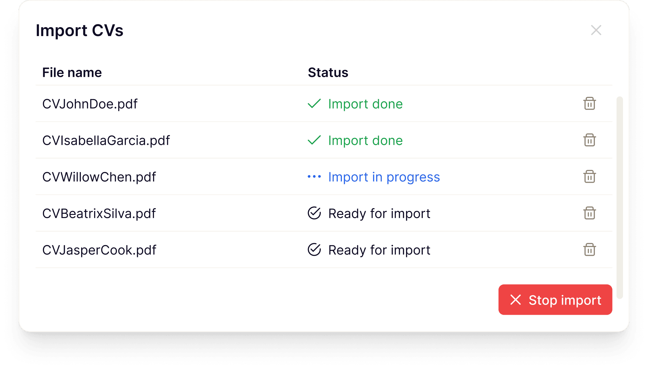 A screenshot of the 'Import CVs' feature