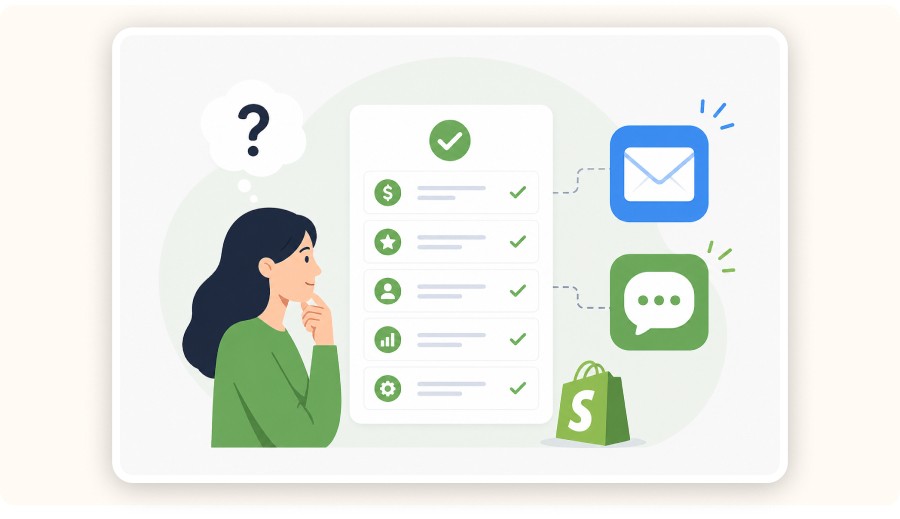 Person choosing ecommerce apps with checklist, email and SMS icons&nbsp;