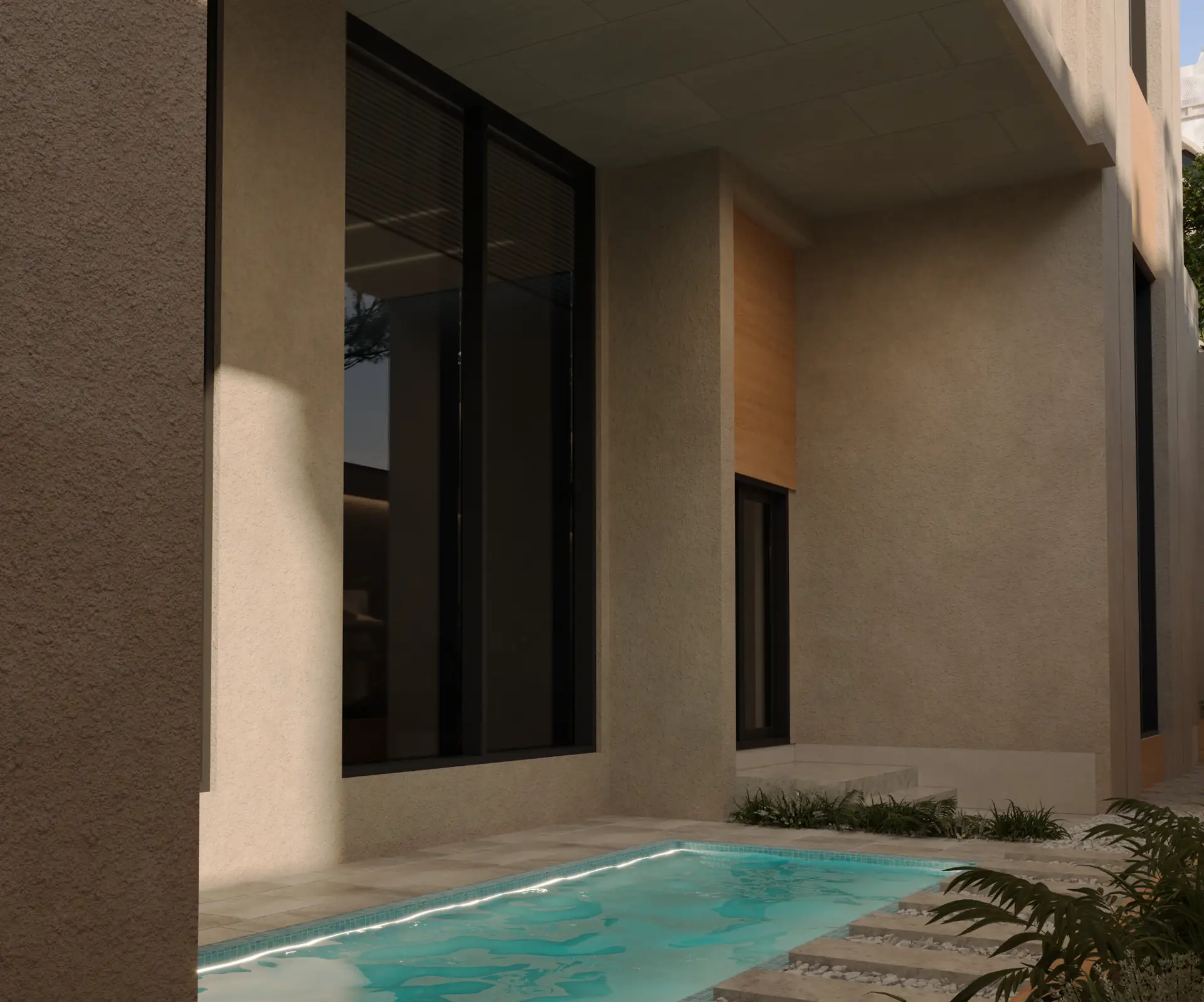 مسبح جانبي داخل فناء فيلا حديثة بتصميم معماري معاصر ونوافذ سوداء كبيرة وتنسيق نباتي.