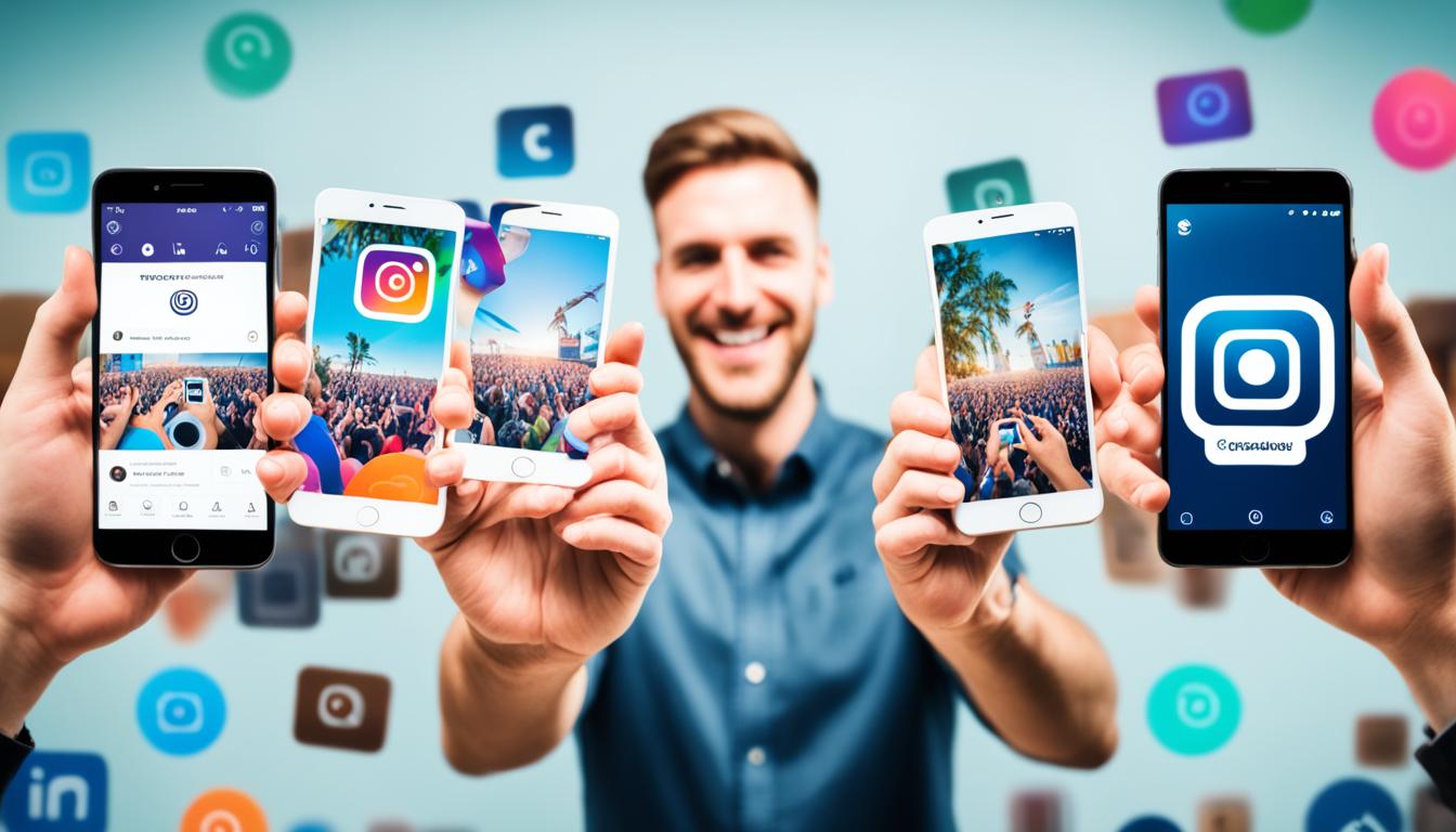 Two hands shaking, one with an Instagram logo and the other with a brand logo, with a crowd of people in the background holding up phones and taking photos.