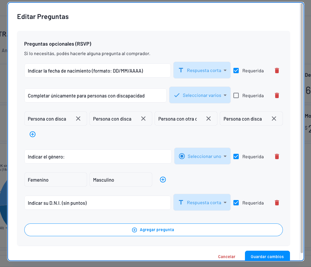 formulario para personalizar las preguntas RSVP al momento de comprar