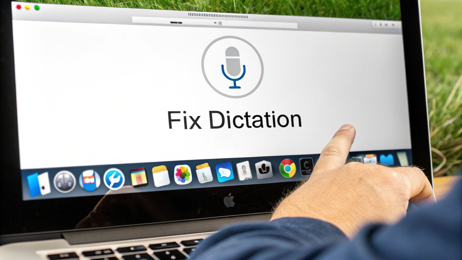 A person's hand points to a laptop screen displaying 'Fix Dictation' with a microphone icon, suggesting a tech support or tutorial scenario.