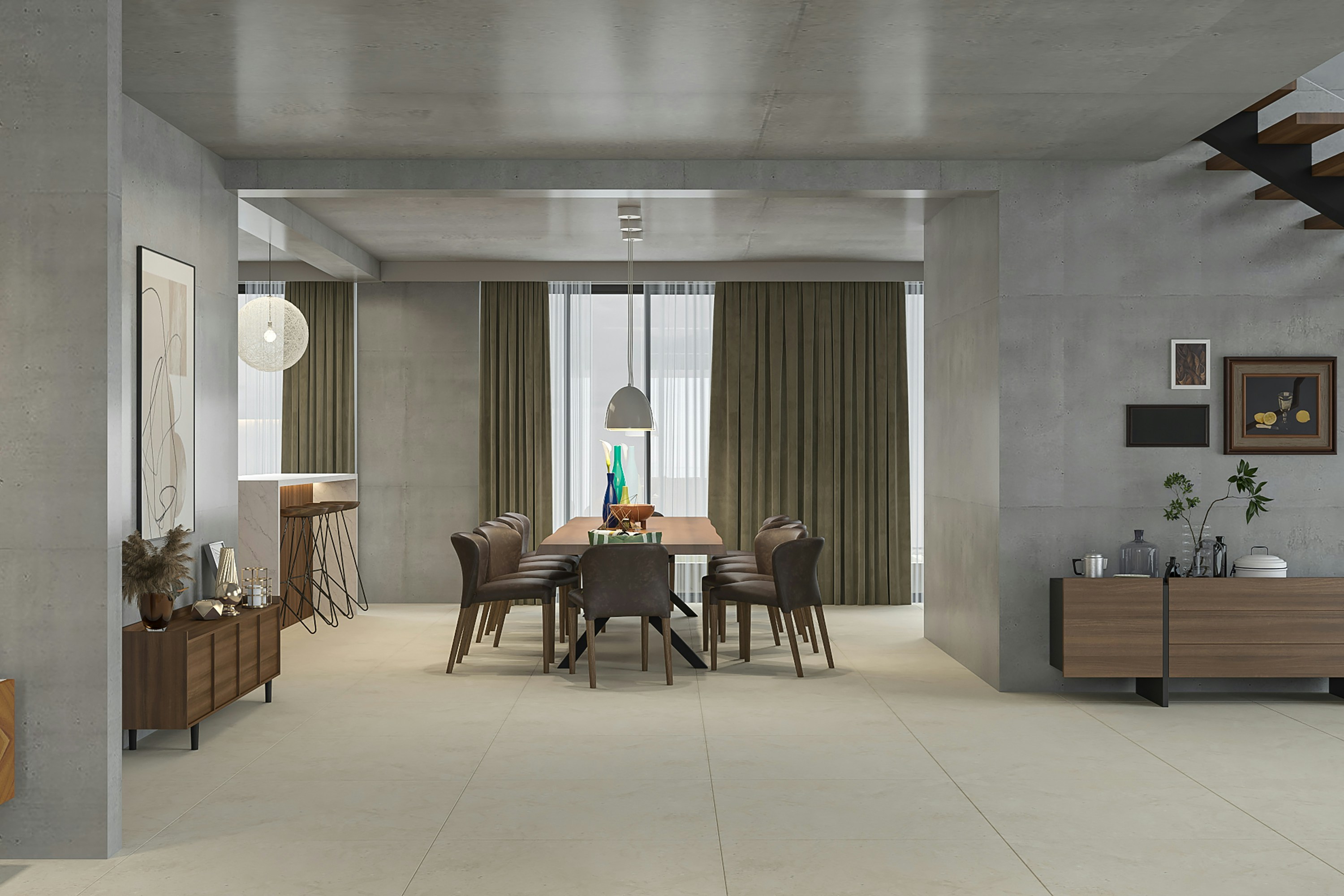 a dining room with a table and chairs