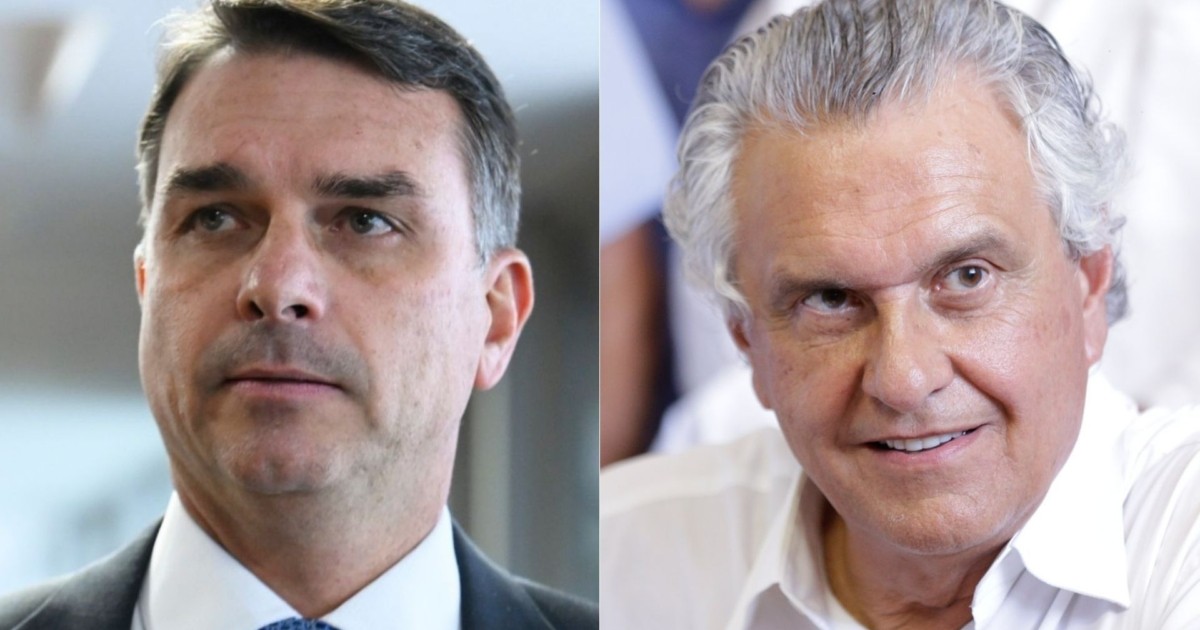 Colagem: Flávio Bolsonaro de um lado; Ronaldo Caiado, de outro
