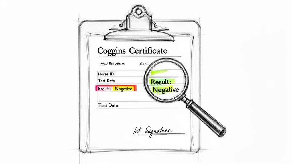 A sketch of a Coggins Certificate with 'Result: Negative' highlighted by a magnifying glass.