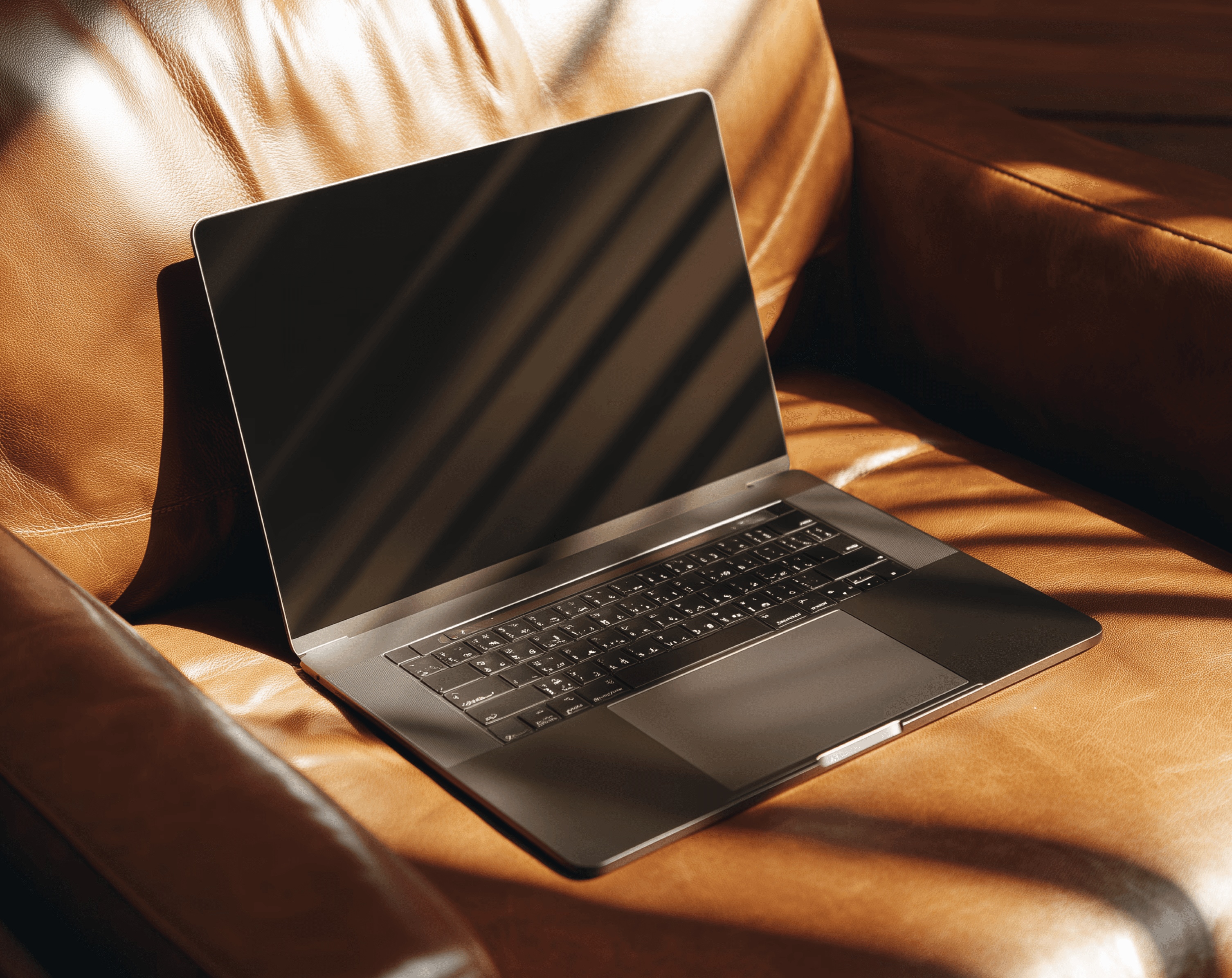 Open laptop on a brown leather armchair, illuminated by sunlight through a window.
