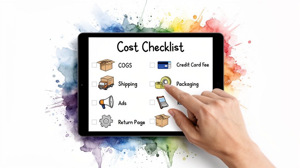A hand taps a tablet displaying a