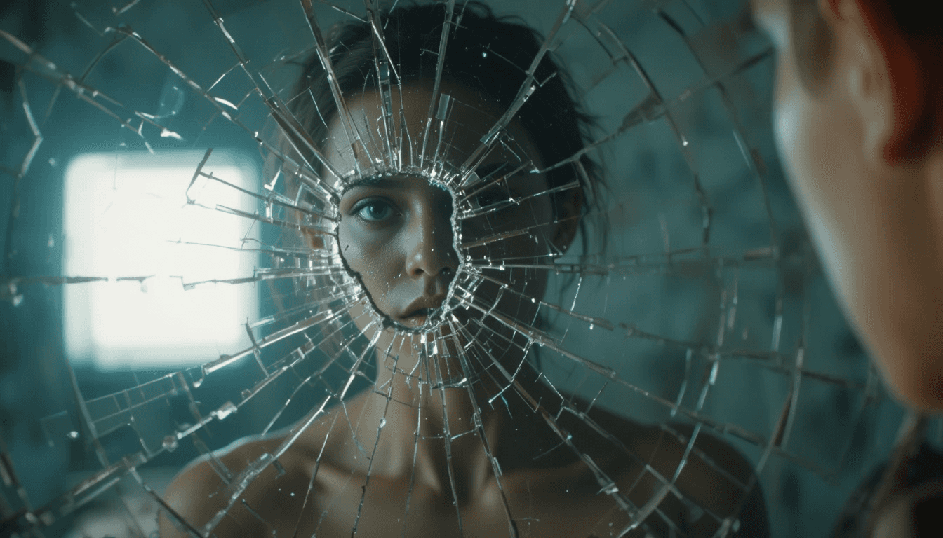 Cracked mirror symbolizing ego identity breaking and psychological awakening beyond self-image